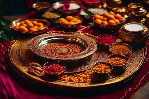 A tray of food with a variety of spices including rice and spices.