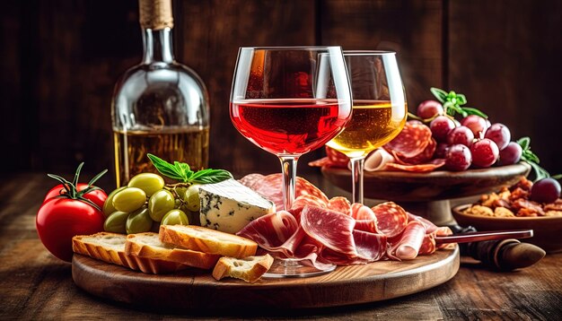 Photo a tray of food with wine and cheese and a glass of wine