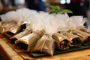 Photo a tray of food with wrapped food wrapped in plastic