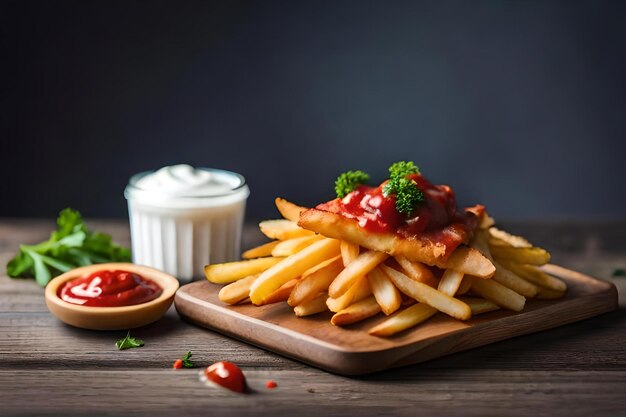 A tray of french fries with ketchup and ketchup