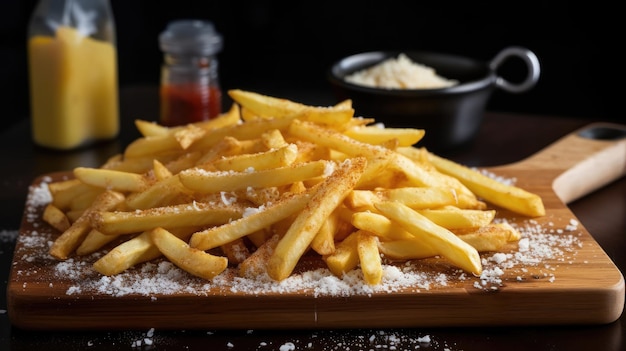 A tray of french fries with parmesan cheese on top