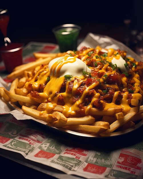 a tray of french fries with a white sauce and a red cup of coffee.