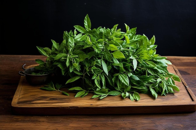 a tray of fresh basil on a wooden table.