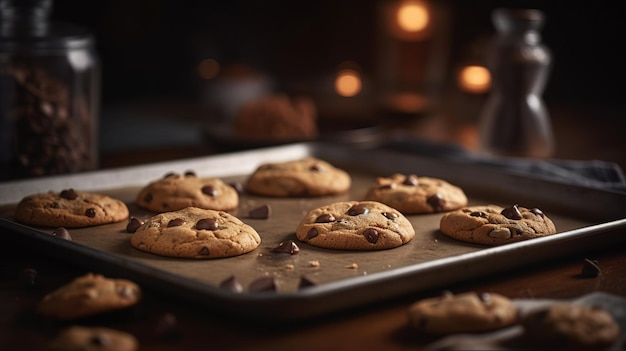 A tray of freshly baked chocolate chip cookies on a table