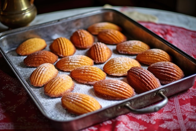 A tray of freshly baked madeleines cooling off created with generative ai