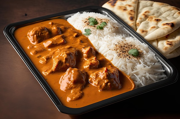 Tray of freshly cooked chicken tikka masala with basmati rice and naan created with generative ai