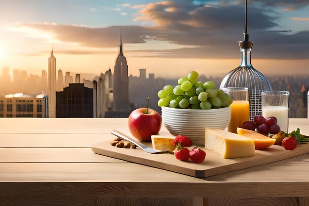 A tray of fruit, cheese, and fruit on a table