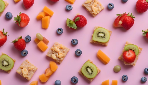 a tray of fruit and cheeses with a pink background