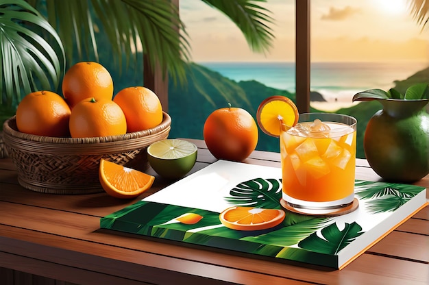 a tray of fruit and a drink with a palm tree in the background