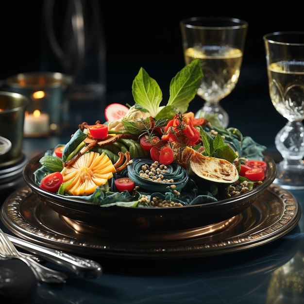 A tray of fruit and a glass of water on a table.