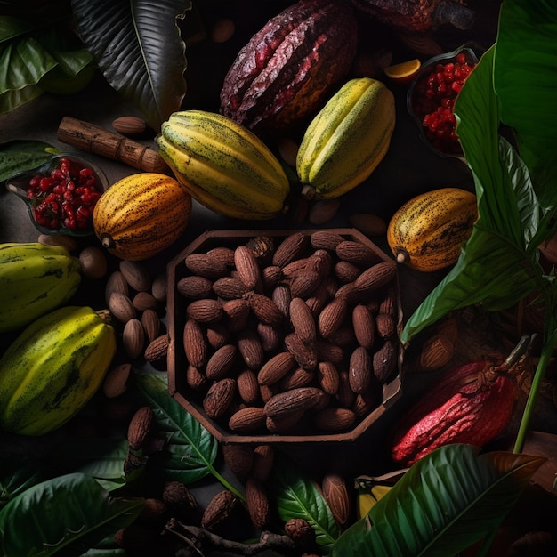 A tray of fruits and nuts with the word cocoa on it