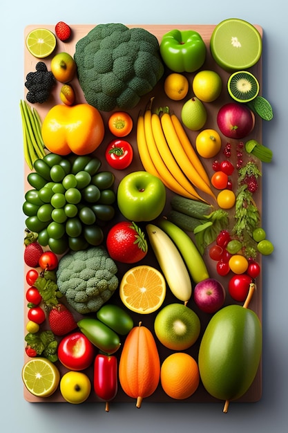 Поднос с фруктами и овощами, включая тот, на котором написано «фрукты».