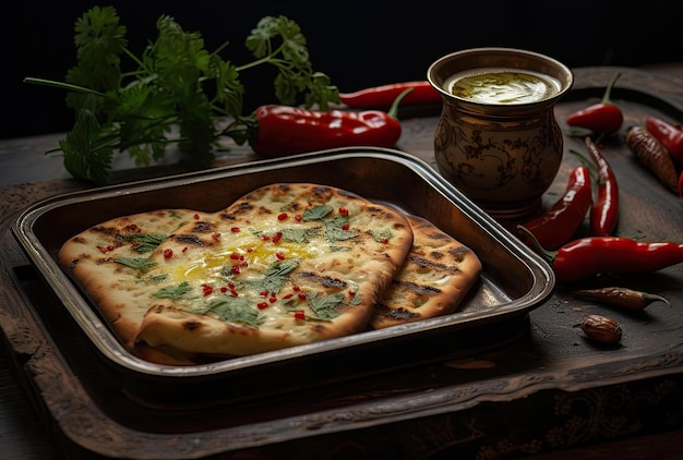 a tray of garlic mustard bread and hot peppers with dip on it in the style of ottoman art