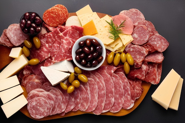 A tray of gourmet assortment of Italian sliced meat olives and cheese Generative AI