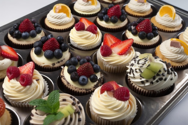 Tray of gourmet cupcakes in variety of flavors garnished with fresh fruit created with generative ai