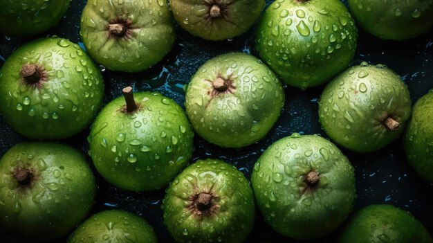 A tray of guavas with water droplets on them