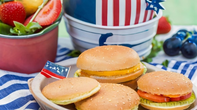 a tray of hamburgers with a flag on it