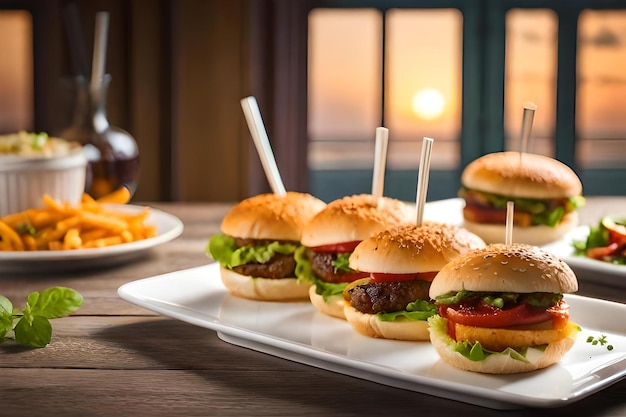 A tray of hamburgers with fries and a glass of beer