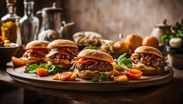 Foto un vassoio di hamburger con pomodori e lattuga