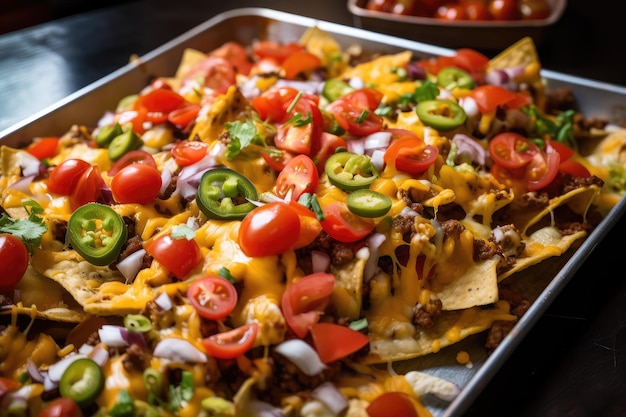 Tray of homemade nachos topped with melted cheese and fresh veggies created with generative ai