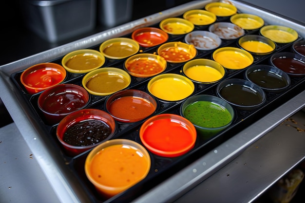 Tray of hot sauces ranging in intensity and flavor for customers to customize their meals