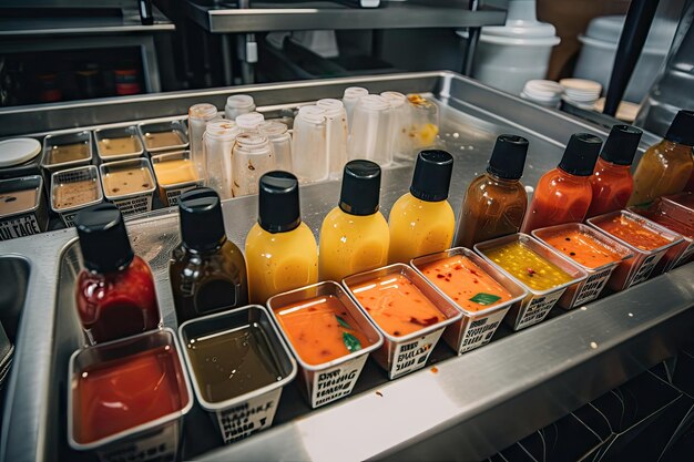 Tray of hot sauces ranging in intensity and flavor for customers to customize their meals