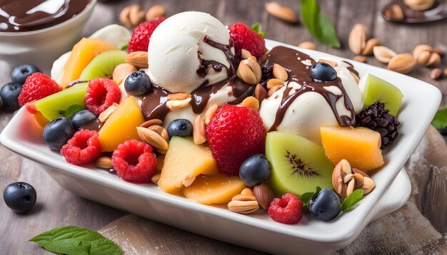 Photo a tray of ice cream with fruit and nuts on it