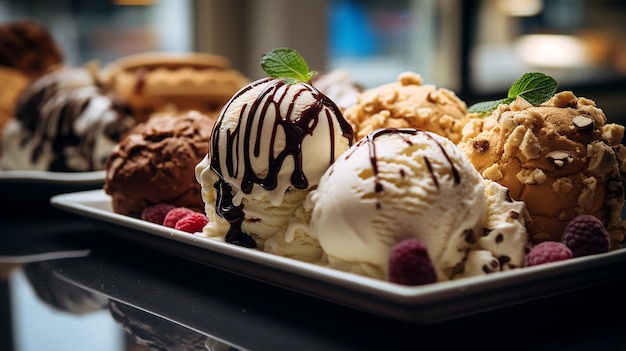 a tray of ice creams with chocolate and vanilla ice cream