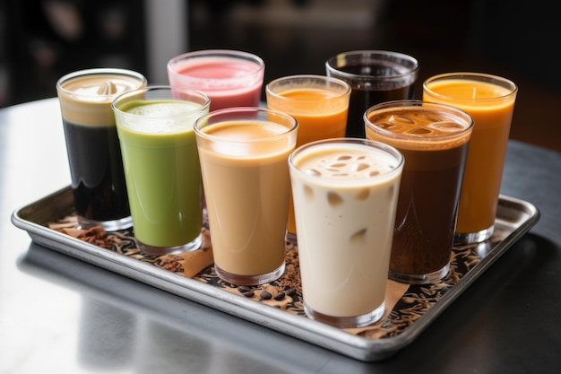 Tray of iced coffee and tea with variety of flavors and milk options created with generative ai