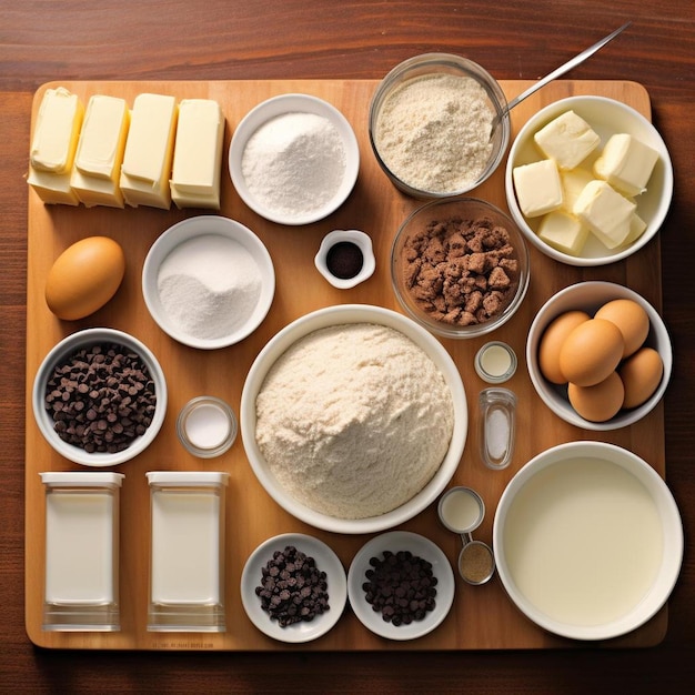 a tray of ingredients including flour, milk, and milk.