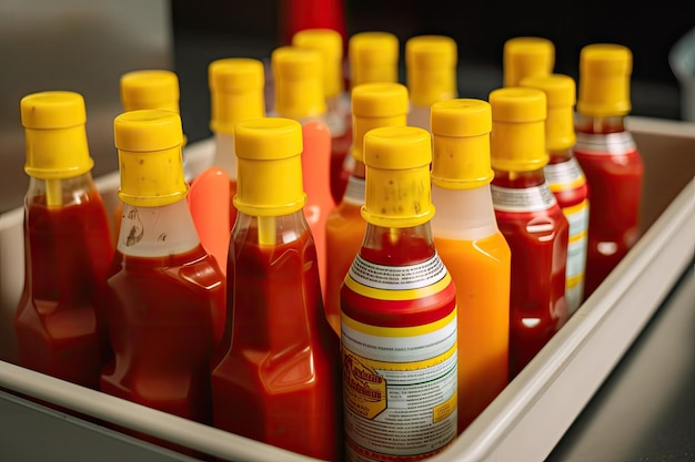 Tray of ketchup and mustard bottles ready to be used