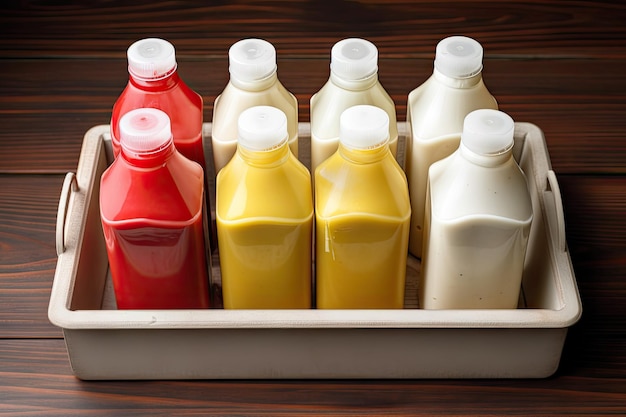 Tray of ketchup mustard and mayo bottles for a classic fast food meal