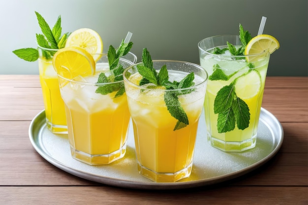 A tray of lemonade with lemons and mint on it