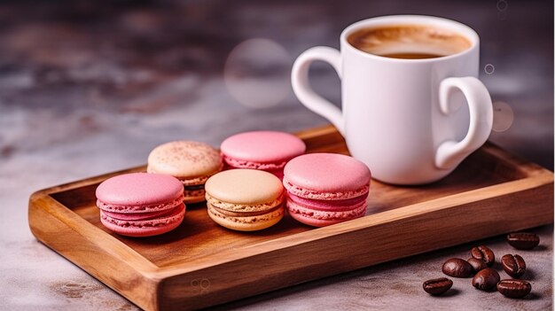 A tray of macaroons and a cup of coffee