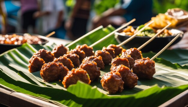 Photo a tray of meatballs on a banana leaf