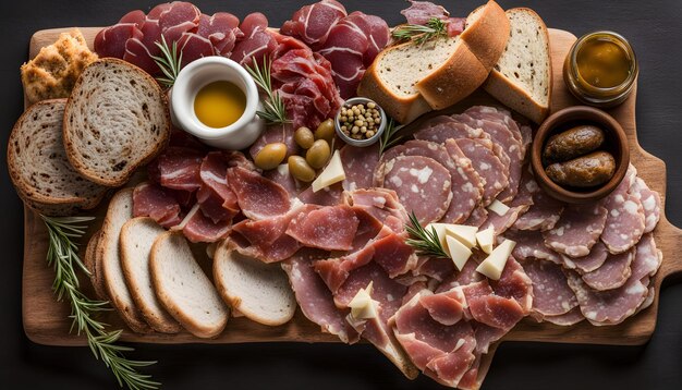 a tray of meats bread and cheese with an olive oil