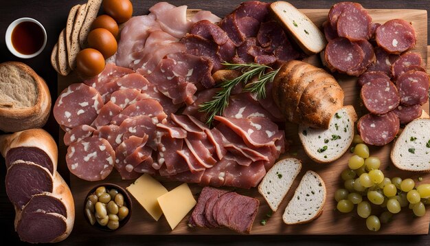 a tray of meats cheese and meats are laid out on a table