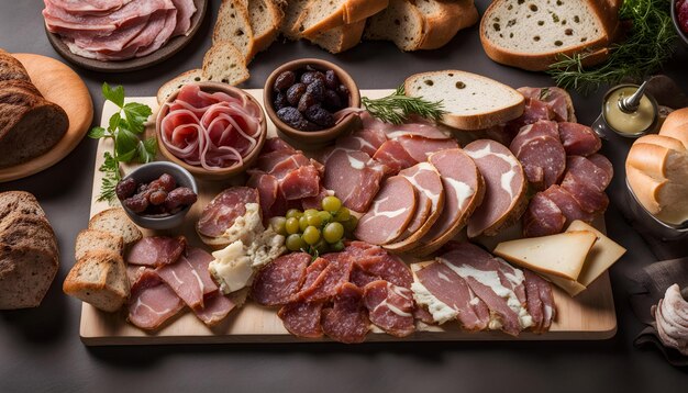 a tray of meats and cheese with a bunch of grapes