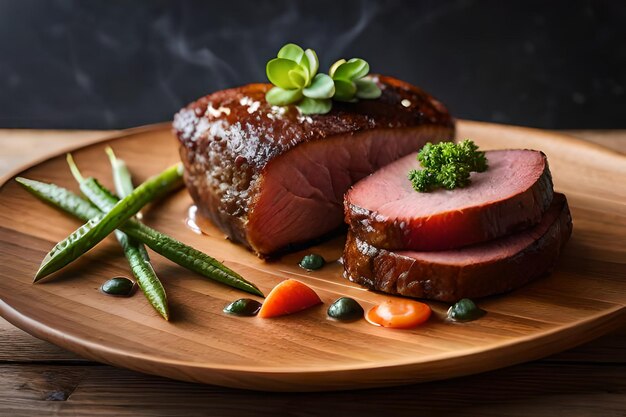 a tray of meats with vegetables and a green beans on it