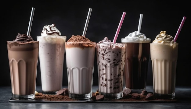 A tray of milkshakes with straws and chocolate chips