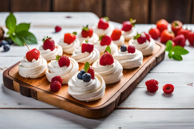 A tray of mini cakes with berries on top of them