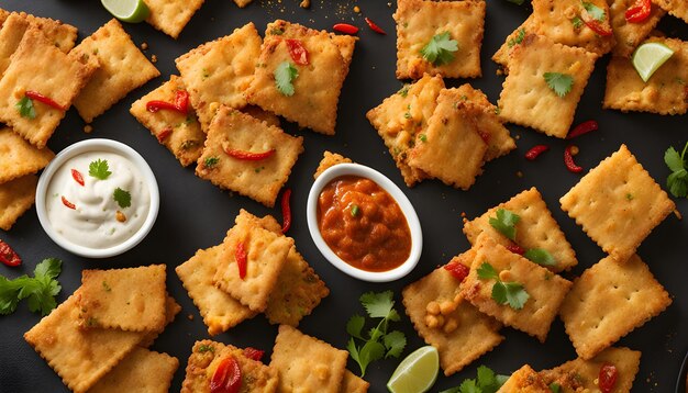 a tray of mini crackers with a side of dips