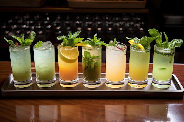 Tray of mojito cocktails each with different flavor combinations created with generative ai