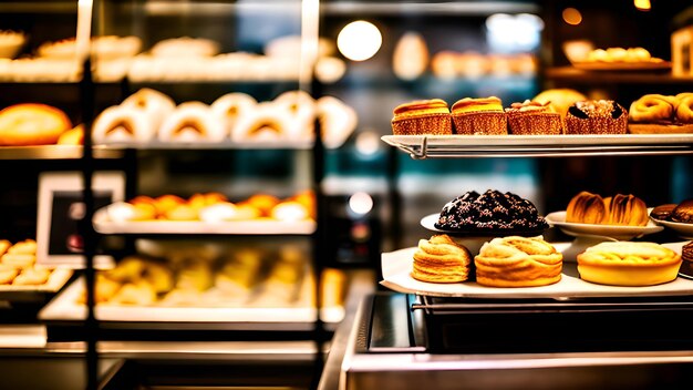 A tray of muffins and cakes in a bakery