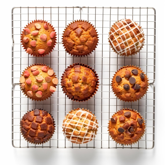 A tray of muffins on a wire rack with a white background.