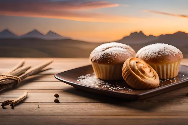 Photo a tray of muffins with a sunset in the background.