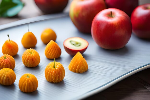 A tray of oranges, apples, and an apple