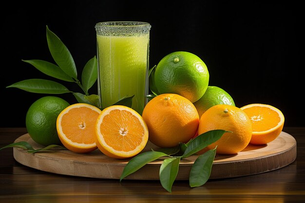 Photo a tray of oranges limes and a glass of juice