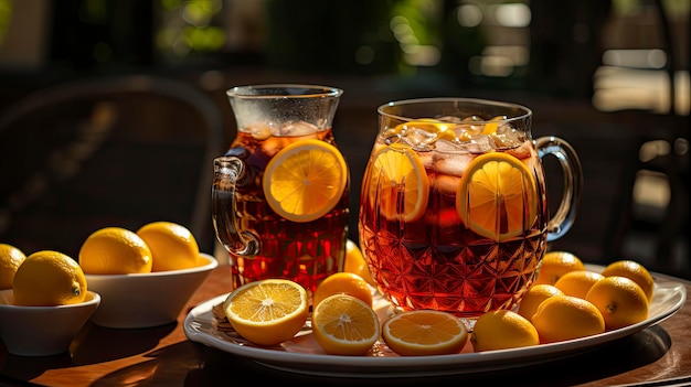 a tray of oranges and tea with a glass of tea.