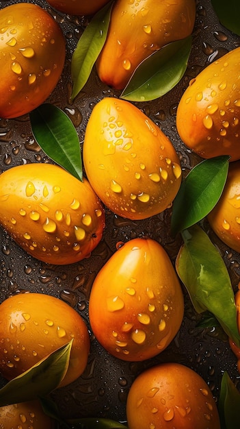 A tray of oranges with green leaves on it with the word mango on it.